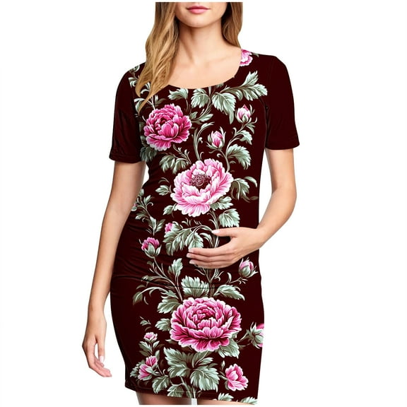 breaise Floral Side Ruch Maternity Dress Summer Crew Neck Bodycon Dress Short Sleeve Baby Shower Dress Casual Lounge Pregnancy Dress Daily Wear