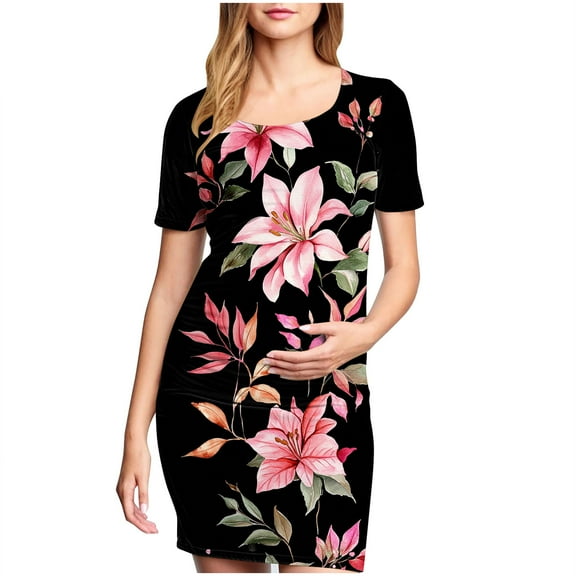 breaise Floral Side Ruch Maternity Dress Summer Crew Neck Bodycon Dress Short Sleeve Baby Shower Dress Casual Lounge Pregnancy Dress Daily Wear