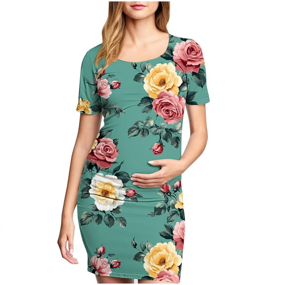 breaise Floral Side Ruch Maternity Dress Summer Crew Neck Bodycon Mini Dress 2025 Short Sleeve Baby Shower Dress Casual Lounge Pregnancy Dress Daily Wear