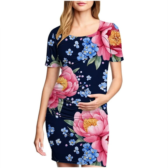 breaise Floral Side Ruch Maternity Dress Summer Crew Neck Bodycon Mini Dress 2025 Short Sleeve Baby Shower Dress Casual Lounge Pregnancy Dress Daily Wear