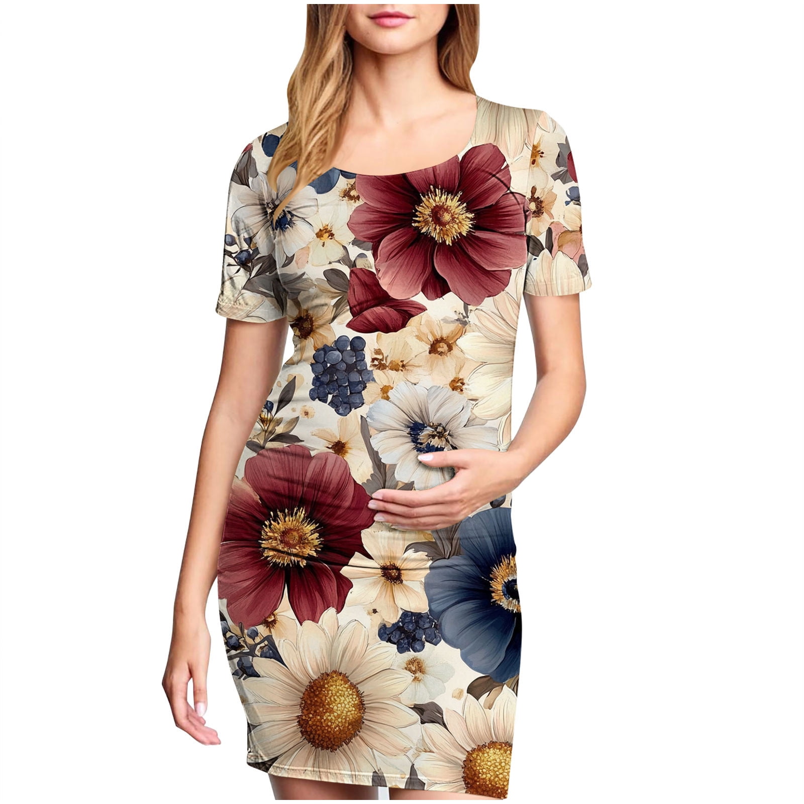 Breaise Floral Side Ruch Maternity Dress Summer Crew Neck Bodycon Mini Dress 2025 Short Sleeve Baby Shower Dress Casual Lounge Pregnancy Dress Daily
