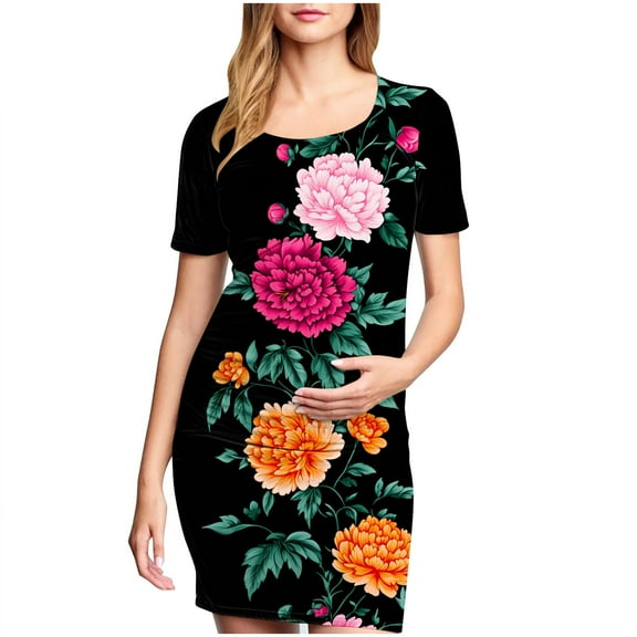 breaise Floral Side Ruched Maternity Dress for Womens Short Sleeve Bodycon Dress Baby Shower Dress Casual Lounge Pregnancy Dress Daily Wear