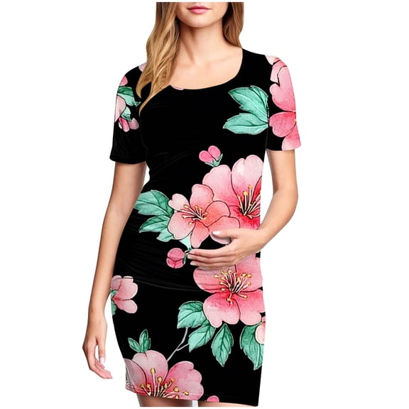 breaise Floral Side Ruched Maternity Dress for Womens Short Sleeve Bodycon Dress Baby Shower Dress Casual Lounge Pregnancy Dress Daily Wear