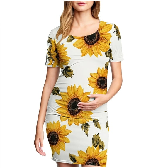 breaise Floral Side Ruching Bodycon Dress for Maternity Daily Wearing, Women's Slim Fit Short Sleeve Maternity Mini Dresses Mama Baby Shower Pregnancy Dress