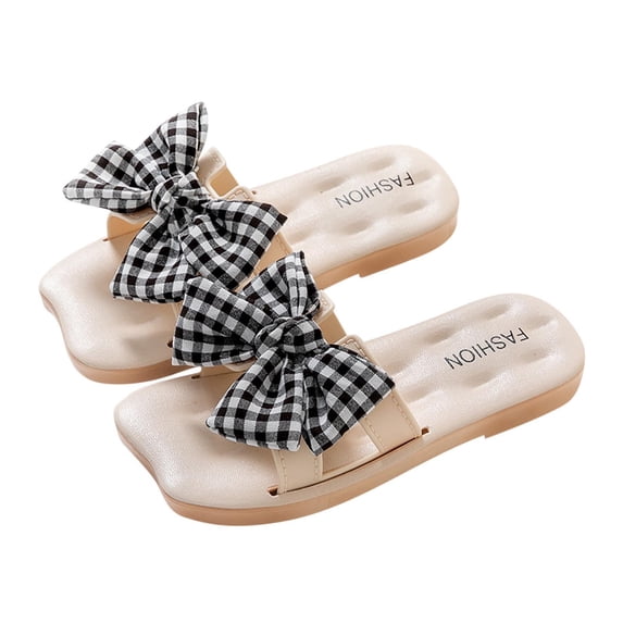 breaise Girl's Bows Square Toe Sandals Casual Summer Flat Sandal Non-Slip Indoor Slide Cute Slip-on Beach Slides
