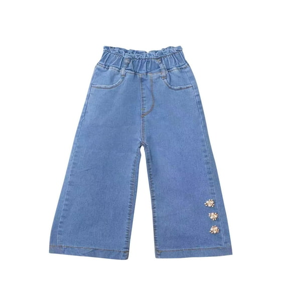 breaise Girl's Denim Pants Kids Loose Straight Leg Jeans Casual Elastic Waist Wide Leg Denim Pants Casual Kids Streetwear