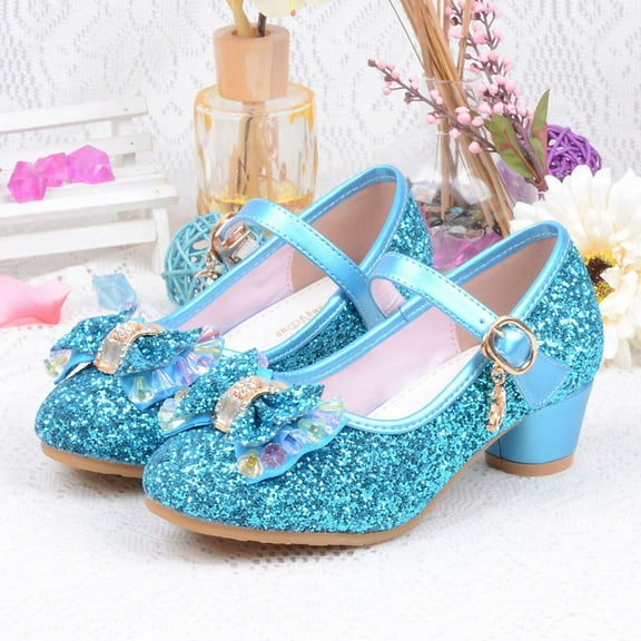 breaise Girl's Princess Cosplay Performance Shoes Sequins Wedding Party Dress Shoes Low Heeled Mary Jane Bling Bowknot Princess Flower Shoes