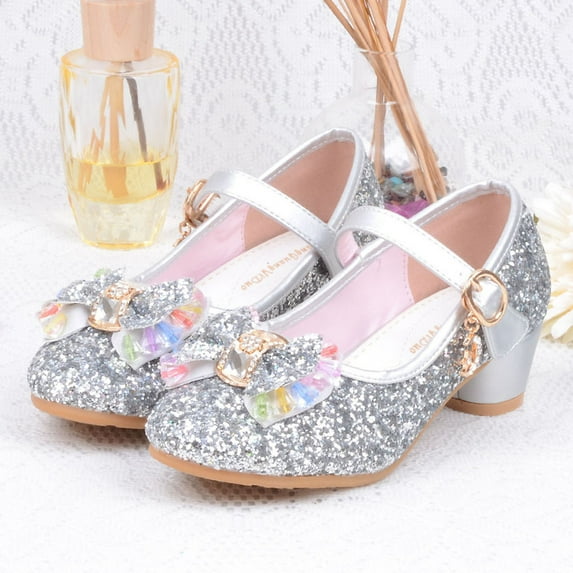breaise Girl's Princess Cosplay Performance Shoes Sequins Wedding Party Dress Shoes Low Heeled Mary Jane Bling Bowknot Princess Flower Shoes