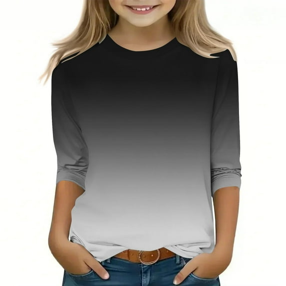 breaise Girls 3/4 Sleeve Crew Neck Active Athletic T-Shirt,Gradient Print Three Quarter Length Basic Tees Pullover Loose Soft Blouses 3-12Years