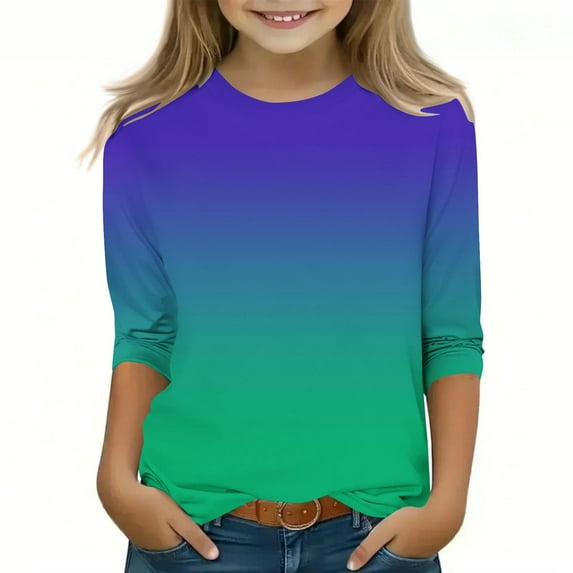 breaise Girls 3/4 Sleeve Shirts Kids Crewneck Gradient Print T-Shirts Summer Fall Tops Tees 3-12 Years