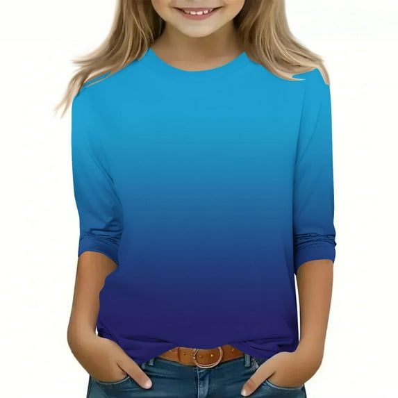 breaise Girls 3/4 Sleeve Shirts Kids Crewneck Gradient Print T-Shirts Summer Fall Tops Tees 3-12 Years