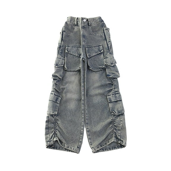breaise Girls Boys Baggy Jeans Y2k Streetwear Denim Cargo Pants Distressed Elastic High Waist Wide Leg Clothes Multi Pocket