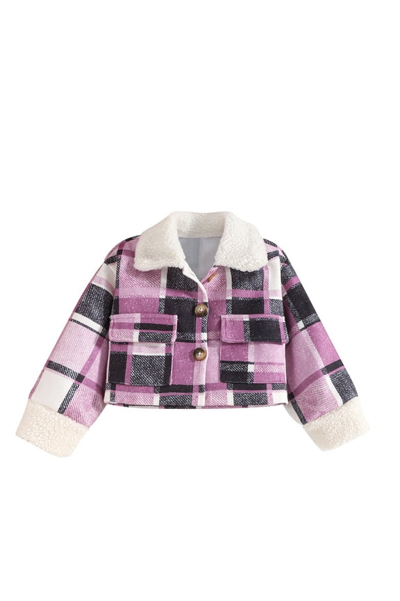 Girls Boys Plaid Flannel Shirt Jacket Sherpa Lined Button Down Flannel Shacket Jacket Kids Winter Warm Coat with Pockets