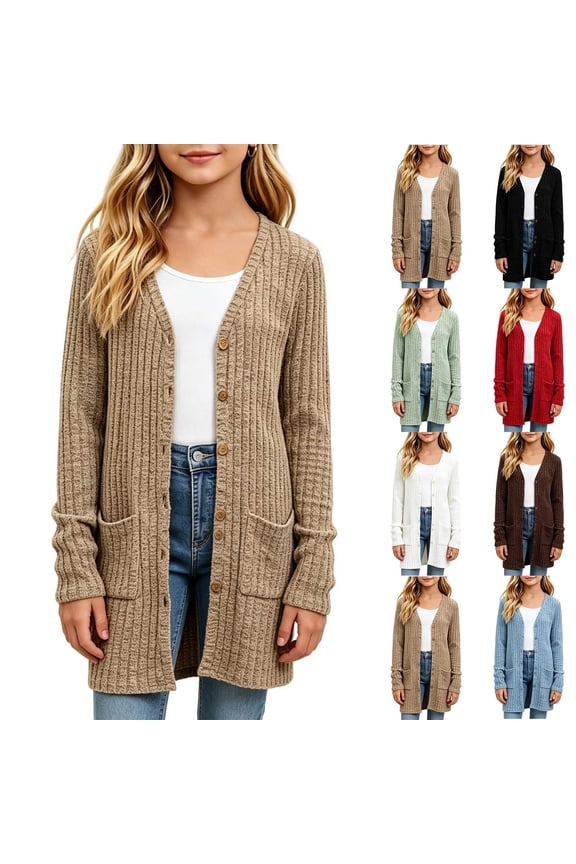 Girls Cardigans Open Front Lightweight Button Down Duster Long Cardigan Casual Fall Knit Coats