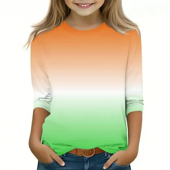 breaise Girls Casual Tunic Tops 3/4 Sleeve Gradient Print Loose Soft Blouse Crew Neck Basic T-Shirt Size 3-12Years