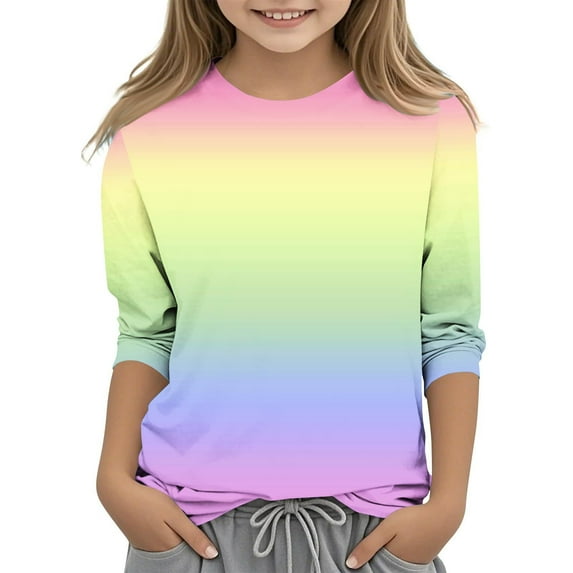 breaise Girls Casual Tunic Tops 3/4 Sleeve Gradient Print Loose Soft Blouse Crew Neck Basic T-Shirt Size 3-12Years