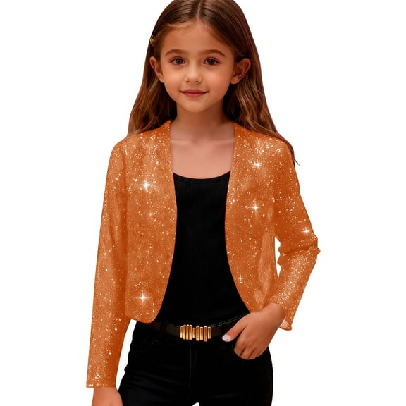 breaise Girls Cropped Sequin Jackets Open Front Long Sleeve Cardigan Sparkling Bolero Shrugs for Evening Party