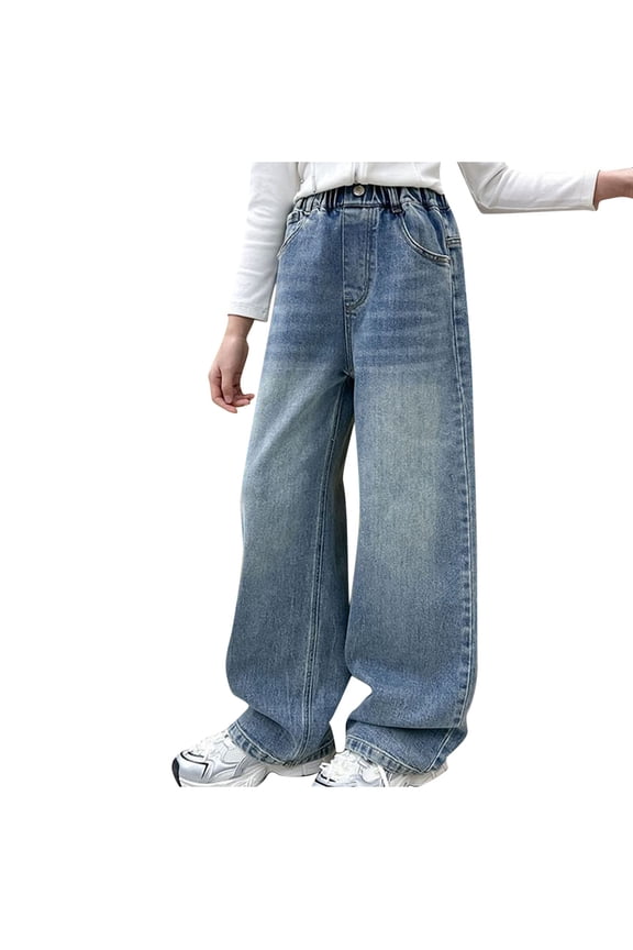 Girls Cute Wide Leg Flared Jeans Kids Oversized Elastic Waist Denim Pants Y2K Boyfriend Skater Streetwear Pants with Pockets