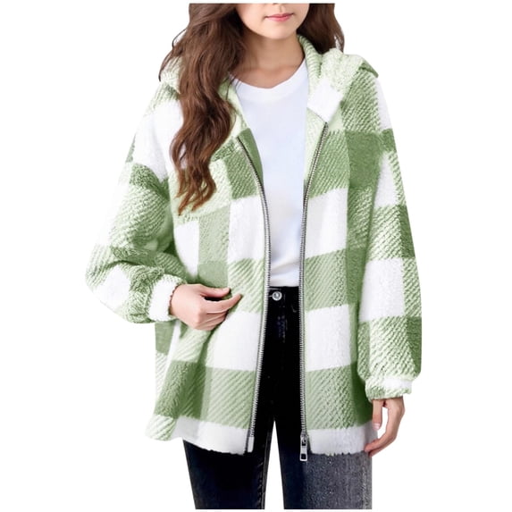 breaise Girls Fleece Jacket Zip up Hooded Plaid Shacket Coat Kids Long Sleeve Sherpa Jackets Teen Warm Winter Coats 5-16 Years