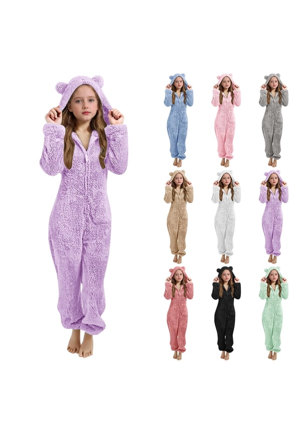 Girls Fleece Zip Up Jumpsuits Kids Hooded Rompers Costume Fuzzy Cute Onesie Winter Warm Zipper Playsuit Jumper