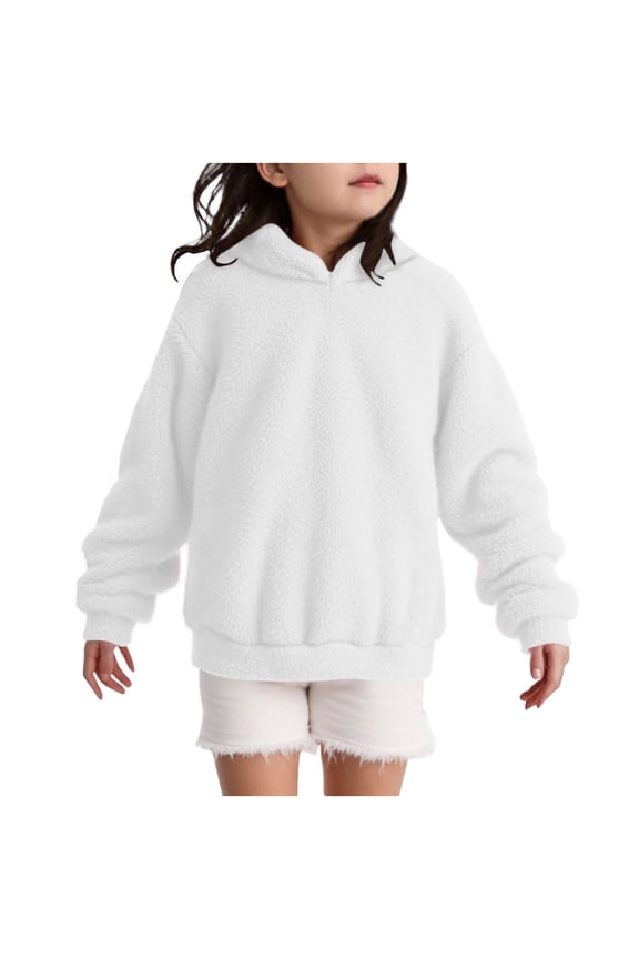 Girls Fuzzy Fleece Hoodies Casual Hooded Sweatshirt Sherpa Pullover with Kangaroo Pockets White 14 Years