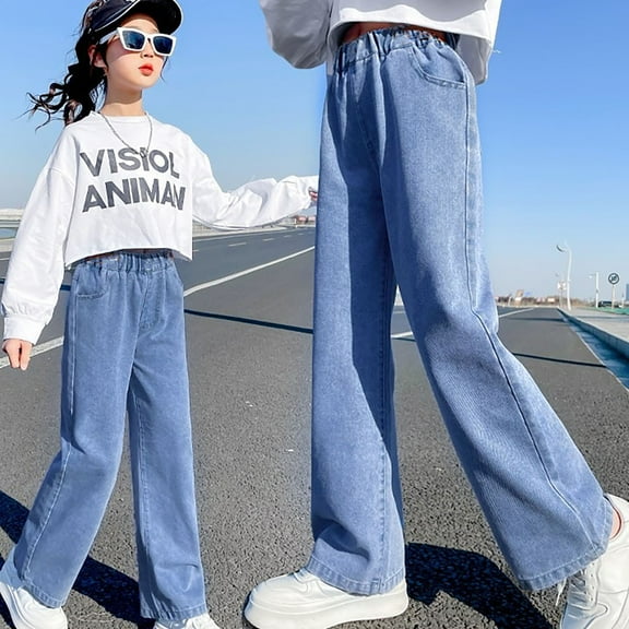 breaise Girls Jeans Pants Wide Leg/Flare/Skinny Denim Pant Ripped High Waist Elastic Band Casual Baggy Pants Kids Clothes with Pockets Kids 4-16Y
