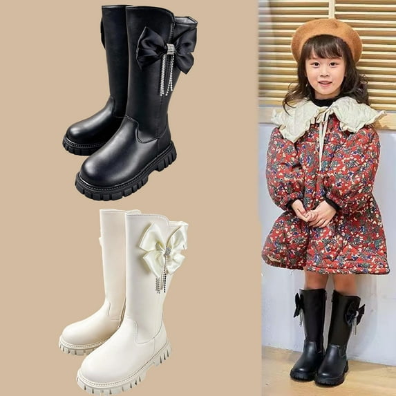 breaise Girls Knee High Boots Fashion Bowknot Ruffle Trim Side Zipper Riding Boots Fall Winter Trendy High Top Shoes