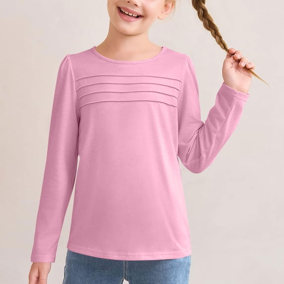breaise Girls Long Sleeve Shirts Fall Pleated Solid T-Shirts Kids Crewneck Basic Plain Tees Tops for Teen Girls
