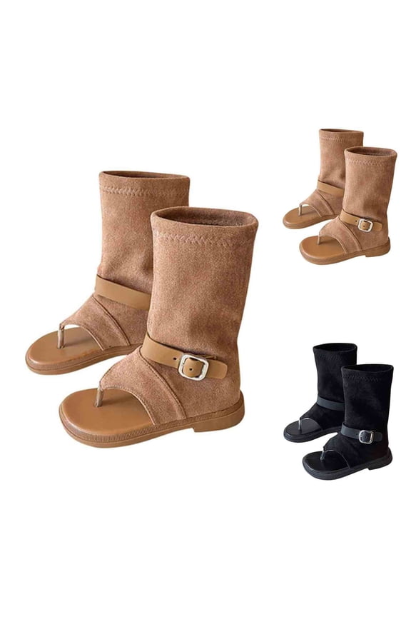 Girls Open Toe Flip Flop Boots Gladiator Comfort Slip On Ankle Buckle Thong Sandal Mid-Calf Boots Cute Y2k For Daily Casual Dressy