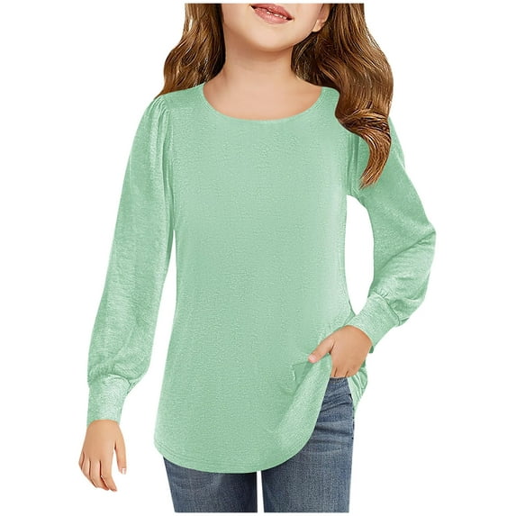 breaise Girls Puff Sleeve Shirts Solid Color Kids Casual Long Sleeve Crewneck Soft Tunic Tops Blouse 5-14 Years