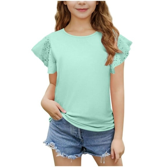 breaise Girls Ruffle Sleeve Shirts Summer Crewneck Eyelet Tee Tops Casual Cute Blouse 4-15 Years