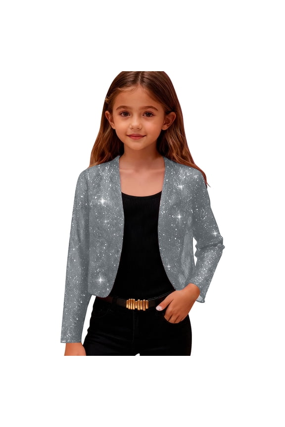 Girls Sequin Bolero Jacket Kids Glitter Shiny Shrug Coat Long Sleeve Open Front Sparkly Glitter Blazer Cropped Cardigan Coats for Party