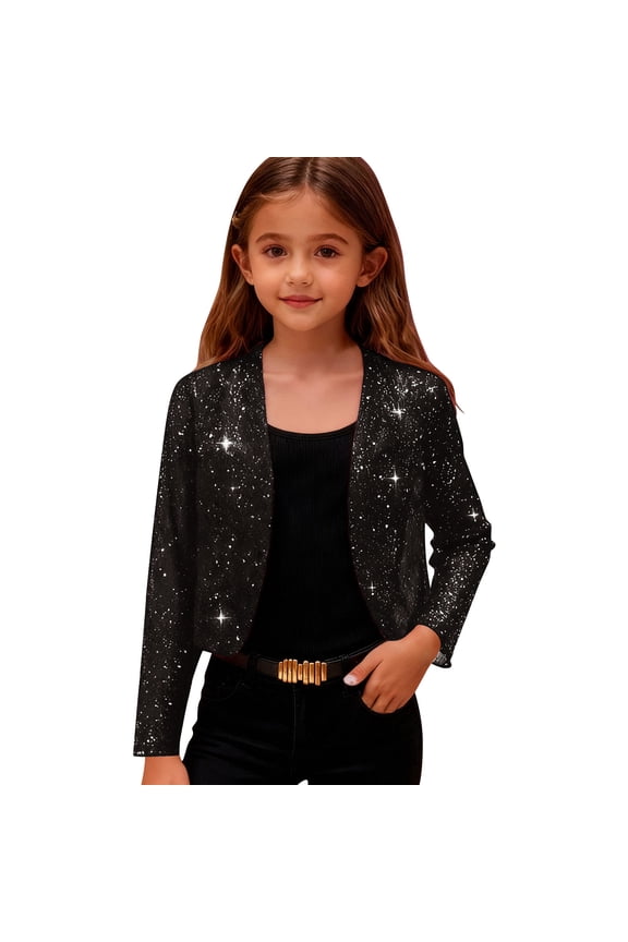 Girls Sequin Bolero Jacket Shrug Coat Long Sleeve Open Front Sparkly Glitter Blazer Cropped Cardigan Coats for Party