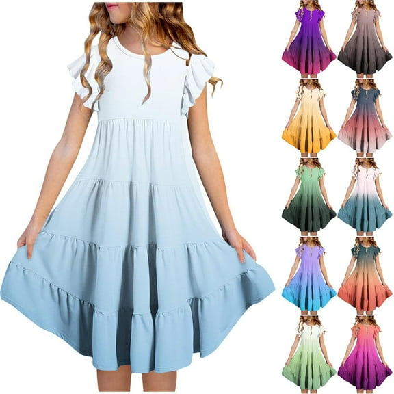 breaise Girls Summer Dresses Double Layer Flutter Sleeve Flowy A-Line Sundress Casual Gradient Midi Dresses for 6-15 Years