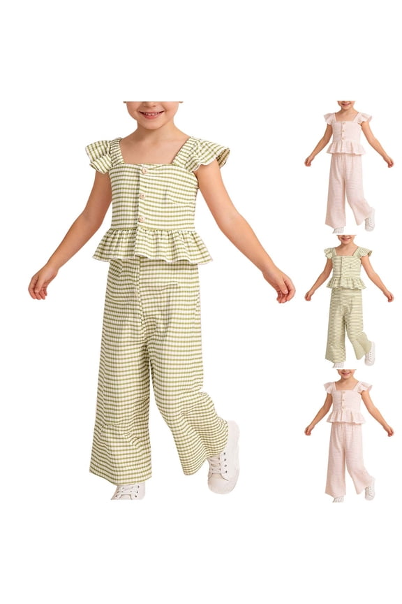Girls Summer Outfits Ruffle Sleeve Button Up Dress Tops Plaid Linen Pants 2 Piece Set Summer Toddler Girl Clothes