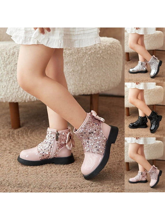 Girls Toddler Bow Ankle Boots Glitter Sequin Side Zipper Low Chunky Heel Fall Winter Dress Booties Shoes
