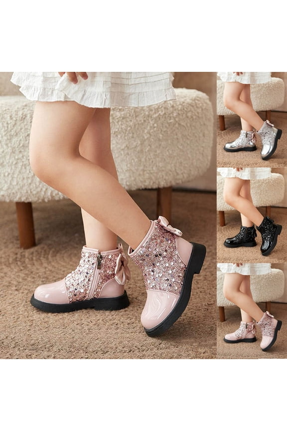 Girls Toddler Bow Ankle Boots Glitter Sequin Side Zipper Low Chunky Heel Fall Winter Dress Booties Shoes