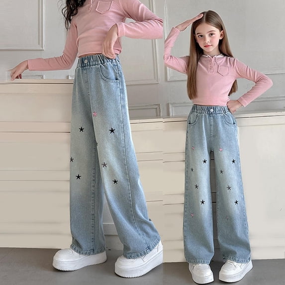 breaise Girls Wide Leg Jeans Baggy Heart Embroidery Elastic High Waist Denim Pants Vintage Y2k Streetwear Aesthetic Teen Clothes