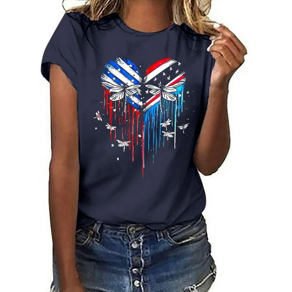breaise Independence Day Shirts for Women Casual Patriotic American Flag Graphic Tshirts Cute Short Sleeve Tees Classic Crew Neck Blouses Tops Work Tops for Women