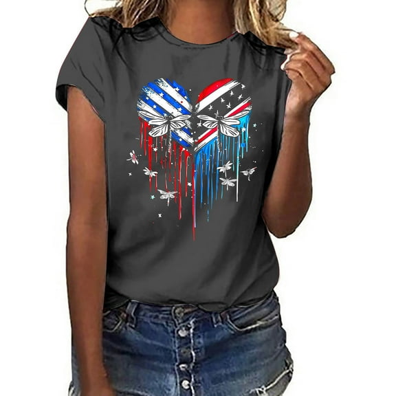 breaise Independence Day Shirts for Women Casual Patriotic American Flag Graphic Tshirts Cute Short Sleeve Tees Classic Crew Neck Blouses Tops Work Tops for Women