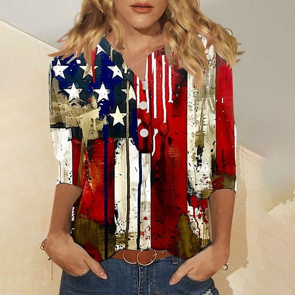 breaise Independence Day Shirts for Women Summer Patriotic USA Flag Pattern Tshirts Cute 3/4 Sleeve Tees Comfortable V Neck Buttons Blouses Tops Dressy Casual Tops for Women