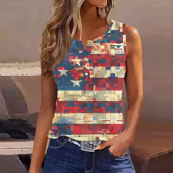 breaise Independence Day Tank Tops for Women Plus Size Patriotic Red White and Blue Graphic Tshirts Loose Fit Sleeveless T-shirts Cami Trendy V Neck Tanks Dressy Casual Tops for Women