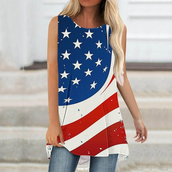breaise Independence Day Tank Tops for Women Proud Patriotic American Flag Print Tshirts Cotton Sleeveless T-shirts Camisole Athletic Round Neck Tanks Plus Size Tops for Women