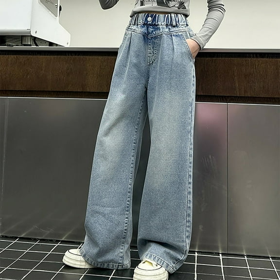 breaise Jeans Pants for Girls Wide Leg Denim Pant Ripped High Waist Elastic Band Casual Long Pants Kids Y2K Streetwear Jean Pants with Pockets