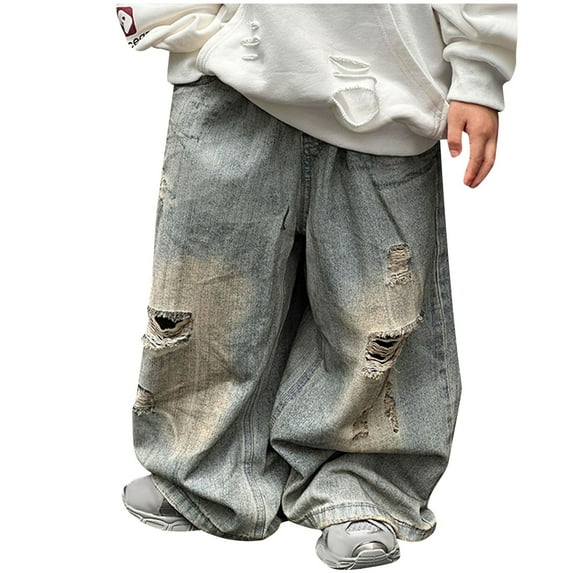 breaise Kids Boys Elastic Waist Ripped Jeans Washed Denim Wide Leg Ripped Denim Jean Age 2-14 Years