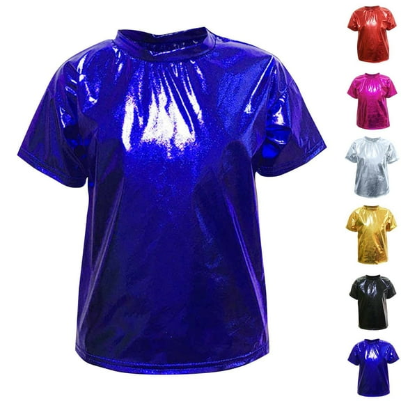 breaise Kids Boys Girls Metallic Shiny T-Shirt Hip Hop Dance Tops Short Sleeves Loose T-Shirt for Performance Costume