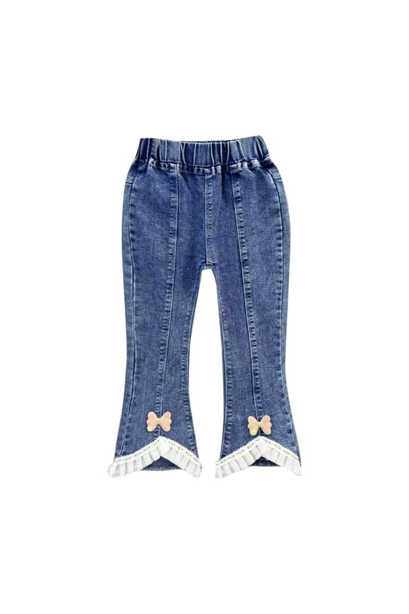 Kids Girls Jeans Casual Ruffle Bell-Bottoms Denim Pants Mid Waist Flared Trousers