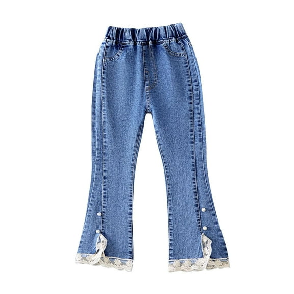 breaise Kids Girls Jeans Casual Solid Color Ruffle Bell-Bottoms Denim Pants Mid Waist Flared Trousers