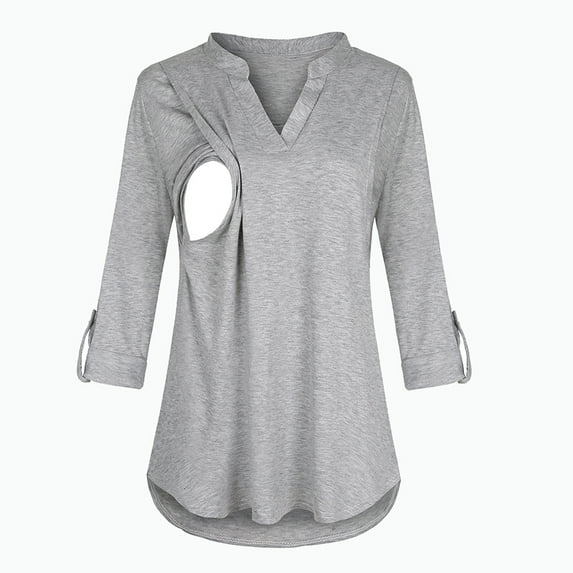 breaise Nursing Tops for Breastfeeding Maternity 3/4 Rolled Sleeve Breastfeeding Shirts for Women Henley V Neck Tunic Work Chiffon Blouses Tops Shirts S-2XL
