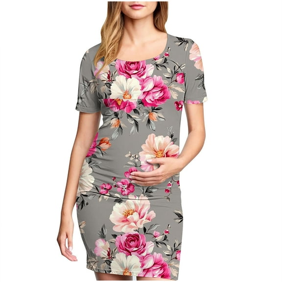 breaise Maternity Bodycon Dress,Floral Side Ruch Fitted Maternity Dress Summer Short Sleeve Baby Shower Dress Crew Neck Casual Lounge Pregnancy Dress Daily Wear